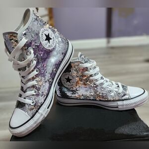 Converse All Star Chuck Taylor Sequin High-Top Sneakers - Silver Bridal